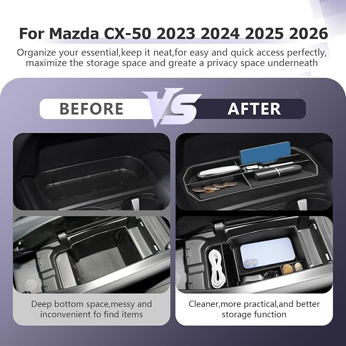 LUWU Compatible with 2023 2024 2025 2026 Mazda CX50 CX-50 Accessories Center Console Organizer Armrest Storage Box Organizer Tray Insert Tray Phone Holder Coins Box ABS Material 2-Pack, Black
