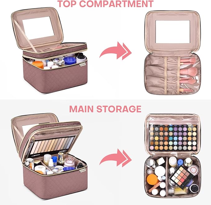 HXLGMD Large Makeup Bag with Mirror Double Layer Travel Make Up Organizer Case, Large Capacity Coemetic Bag with Brush Slot Divider