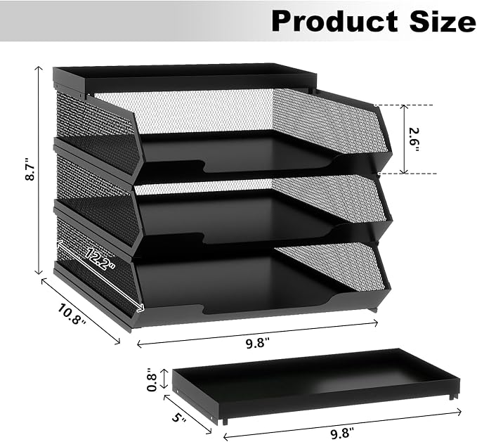 Natwind 3-Tier Stackable Metal Mesh Paper Organizer with Sliding Tray,Black | Desk Organizer for Office Supplies, Letter Tray For Desktop,File Holder For Home School Classroom Organization