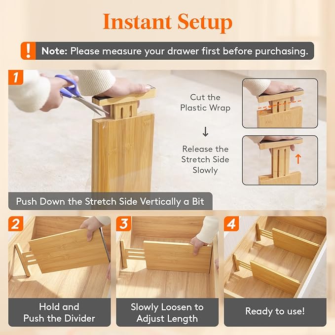 Lifewit 6" High 6 Pack Bamboo Drawer Dividers 33-42cm/13-16.5" Adjustable Wooden Drawer Organizer for Clothes/Utensils, Expandable Drawer Separator for Dresser/Kitchen/Bedroom/Office Organization