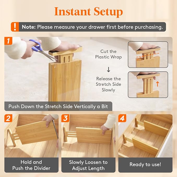 Lifewit 6" High 8 Pack Bamboo Drawer Dividers 33-42cm/13-16.5" Adjustable Wooden Drawer Organizer for Clothes/Utensils, Expandable Drawer Separator for Dresser/Kitchen/Bedroom/Office Organization