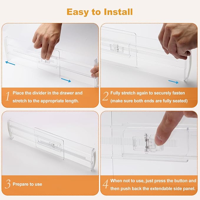 6 Pack Drawer Dividers for Clothes, 4" High 10.6"-16.9" Adjustable Drawer Dividers Expandable Dresser Drawer Organizer, Clear Drawer Separators for Clothes, Underwear, Cosmetic, Kitchen Utensils