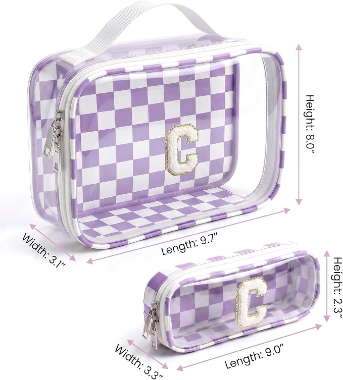 Cute Monogram Personalized Initial Makeup Bags -Sunscreen Cosmetic Pouch Monogram Purple Checkered Make Up Case Her Best Friend Friendship Sister Teacher,Birthday Gifts for Women (C,Purple&Beige)