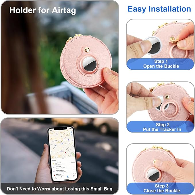 Bocasal Coin Pouch Mini Lipstick Cosmetic Bag with Airtag Holder Mirror, Leather Zipper Travel Makeup Bag Keychain Ring Clasp for Keys Earbuds Earphone Lip Gloss Chapstick Women Girls (Rose Gold)