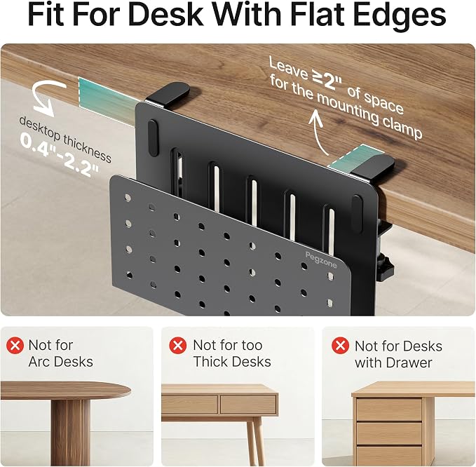 Under Desk Storage Organizer, Laptop Holder Stand with Pegboard Design, Holds 22lbs, Clamp on Desk Organizer, Fits 0.4"-2.2" Desktop Edge, Black