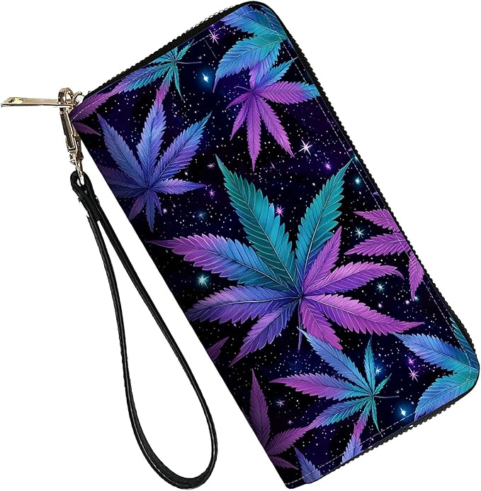 RFID Blocking Leather Wallet for Women – Large Capacity Zip Around Clutch with 8 Card Slots,30 Cash Pockets & Coin Zipper,Weed Leaf Pattern