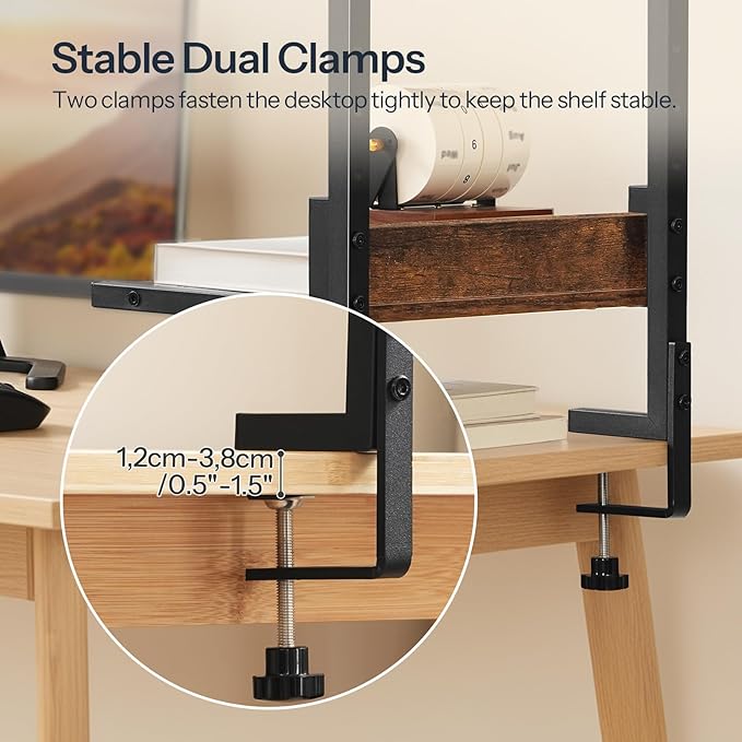 HOOBRO Clamp On Desk Shelf, 2-Tier Desktop Organizer, Space-Saving Desk Shelf with Adjustable Shelves, for Office, Study, Entertainment Accessories, Rustic Brown and Black BF32SJ01