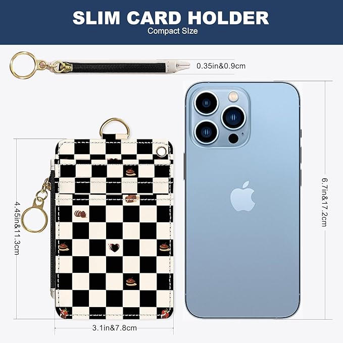 Slim Wallet Credit Card Holder, Checkered Pattern And Cake, RFID Wallet Women Cute Small Front Pocket Wallet With Zipper, PU Leather Thin travel RFID Blocking Card Case ID Window ,Ladies Gifts