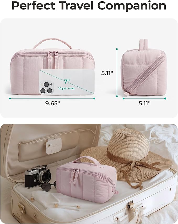 BAGSMART Travel Makeup Bag for Women, Portable Water-resistant Cosmetic Case, Puffy Padded Make Up Organizer Pouch, Open Flat Toiletry Bag for Toiletries, Brushes, Mist Purple