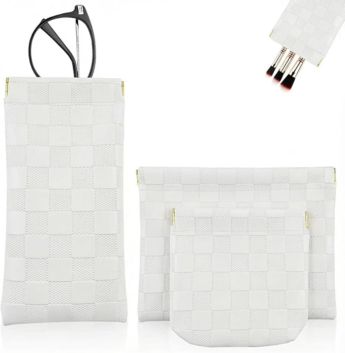 3Pcs Small Makeup Bag for Purse, Waterproof Portable Checkered Leather Makeup Pouch, Small Purse Pouches for Purse Small Coin Purse Organizer Pouches Snap Closure Pocket Cosmetic Bag for Women (White)