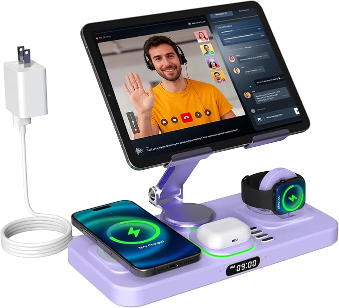 6 in 1 Wireless Charger for Apple Multiple Devices, Charging Station with Clock &7 Color Ambient Light, Foldable Rotate Stand for iPad, for iPhone17/16/15, Support for Apple Watch11/10 for AirPods4