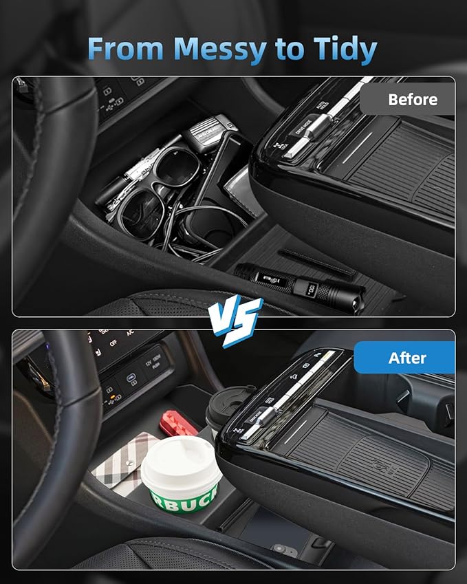 Double-Layer Center Console Armrest Organizer + Lower Center Console Tray for 2026 2025 Hyundai Tucson(Limited/Hybrid/Plug-in Hybrid), 2026 2025 Hyundai Tucson-ONLY Fit with Electronic Shift