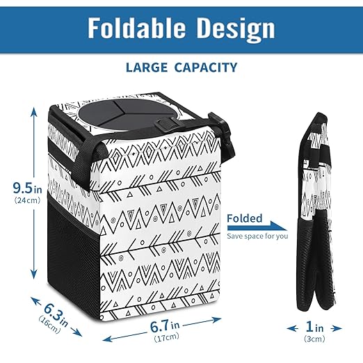 Car Trash Can Black White Geometric Print Auto Garbage Bag Car Trash Can with Lid Leak-Proof Car Storage Bag Garbage Bag Hanging for Headrest Collapsible and Portable with Storage Mesh Pocket
