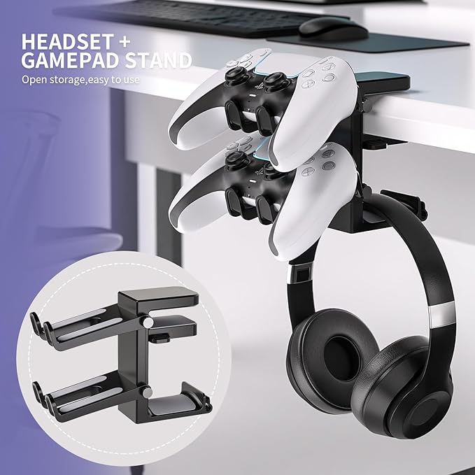 Adjustable Headphone Stand Desk-Sided Clamp Headphone Hanger with Handle PC Gaming Headset Holder (Under Desk with Handle)