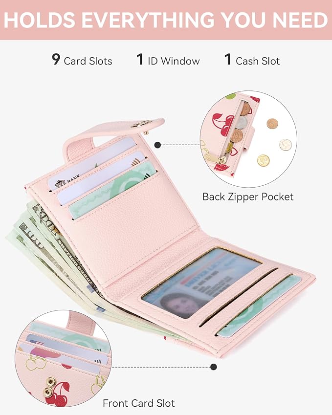 BOSTANTEN Slim Wallet for Women Small RFID Blocking Credit Card Holder Leather Bifold Wallets with Zipper Coin Pocket Cherry Print