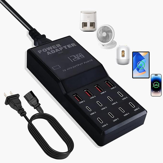 65W 12-in-1 USB C Desktop Charger Station for MacBook Pro/Air, iPhone 15, iPad, (8×USB-C + 4×USB-A), 5ft Flat Power Cord, Home & Office Use