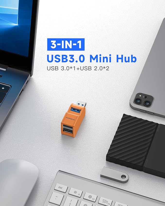3 Ports USB 3.0 hub, USB Splitter to 2 USB 2.0 Out Ports and 1 USB-3.0 Port, Portable USB Adapter for Keyborad, Mobile Hard Disk, U Disk, Camera, Mouse, Laptop Accessories,etc (Orange)