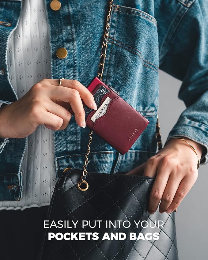 VULKIT Credit Card Holder Minimalist Slim Pop Up Wallet with Leather Slots RFID Blocking for Men and Women Holds 7 Cards and Notes Wine