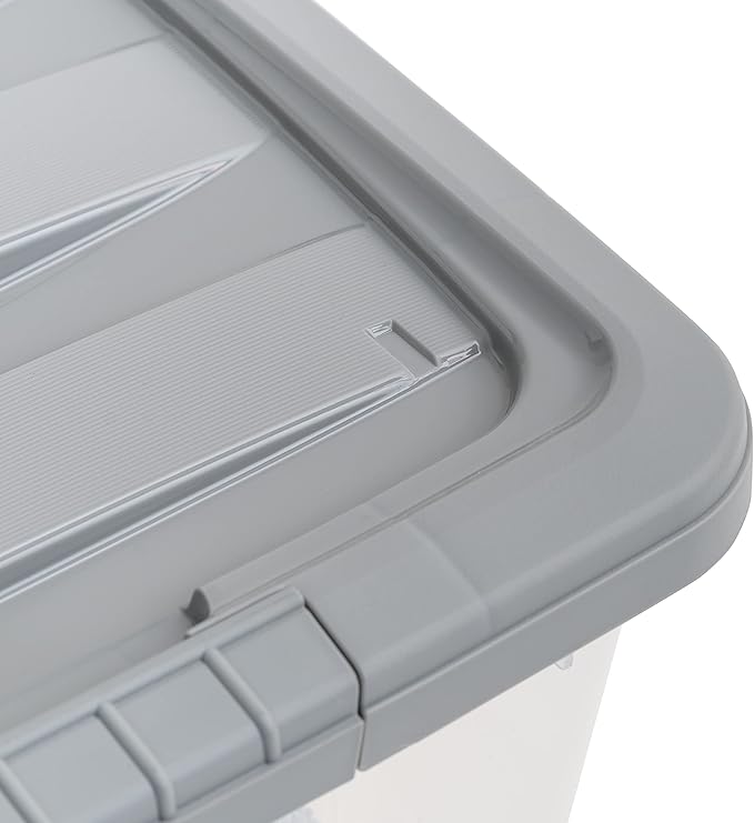 Amazon Basics Plastic Storage Containers with Secure Latching Lids, Stackable Organization Bins, Clear/Grey, 32 Quart, Set of 6