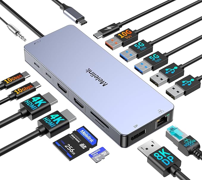 USB C Laptop Docking Station Dual Monitor for Dell/Lenovo/HP, 15 in 1 USB C Hub Multiport Adapter Dongle Dock USB-C to 2 HDMI 4K@60Hz, 8K DisplayPort, 2 USB-C 10Gbps, 5 USB-A, 100W PD, Ethernet, SD/TF
