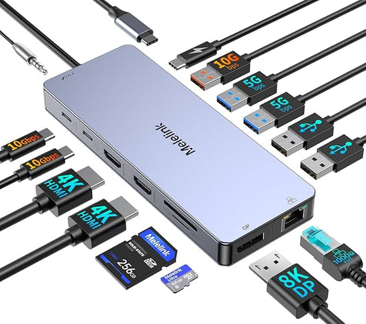 USB C Laptop Docking Station Dual Monitor for Dell/Lenovo/HP, 15 in 1 USB C Hub Multiport Adapter Dongle Dock USB-C to 2 HDMI 4K@60Hz, 8K DisplayPort, 2 USB-C 10Gbps, 5 USB-A, 100W PD, Ethernet, SD/TF