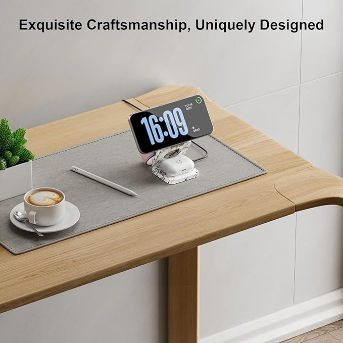 KU XIU X55 Nature Series Fast Magnetic Wireless Charger, Foldable 3 in 1 Charging Station for Apple, Mag-Safe Travel Charger Stand for iPhone 17 16 15 14 13 Series, Apple Watch & AirPods-Marble White