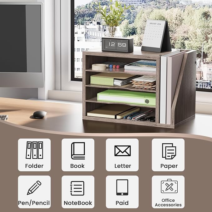 Creso hom Mail Sorter, File Organizer Desktop, Wood Desk Organizer with 3 Adjustable Shelves, Mail Holder for Office, Home, Letter Sorter File Holders for Envelopes, Mail Supplies Magazines, Greige