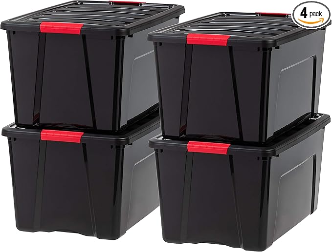 IRIS USA 72 QT Plastic Storage Box with Lid and Latches - 4 Pack - BPA-Free, Garage Organizing Solution, Durable Nestable Stackable Containers, Secure Pull Handle - Black