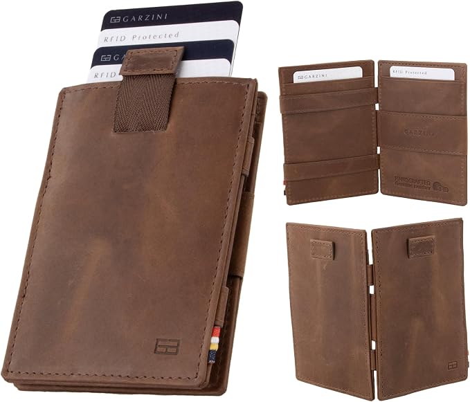 GARZINI Magic Wallet with Pull-Tab, Minimalist Wallet with RFID card holder, Leather Wallet for 12 cards, Brushed Brown