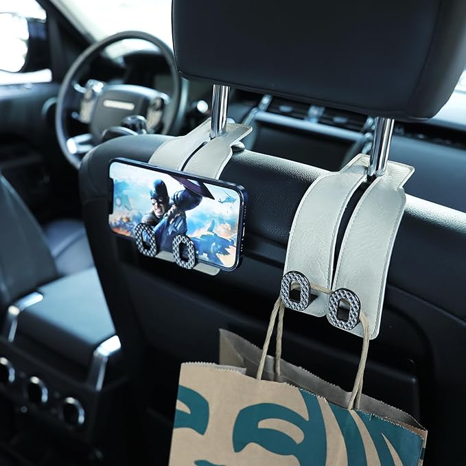 Car Headrest Hooks Universal Car Purse Hook Premium Leather and Alloy Twin Hook Car Seat Back Storage Hanger Hook for Purse Bags Cloth Drink Durable Holder Car Accessories (BH09-White-Black)