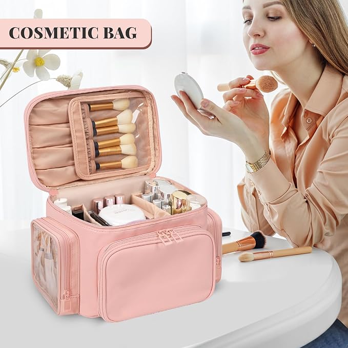 Bagmoly Large Makeup Bag, Portable Travel Makeup Bag Organizer for Women Girls with Makeup Brush Compartment & Two Side Pockets, Cosmetic Travel Bag Vertical Storage Toiletry - Pink