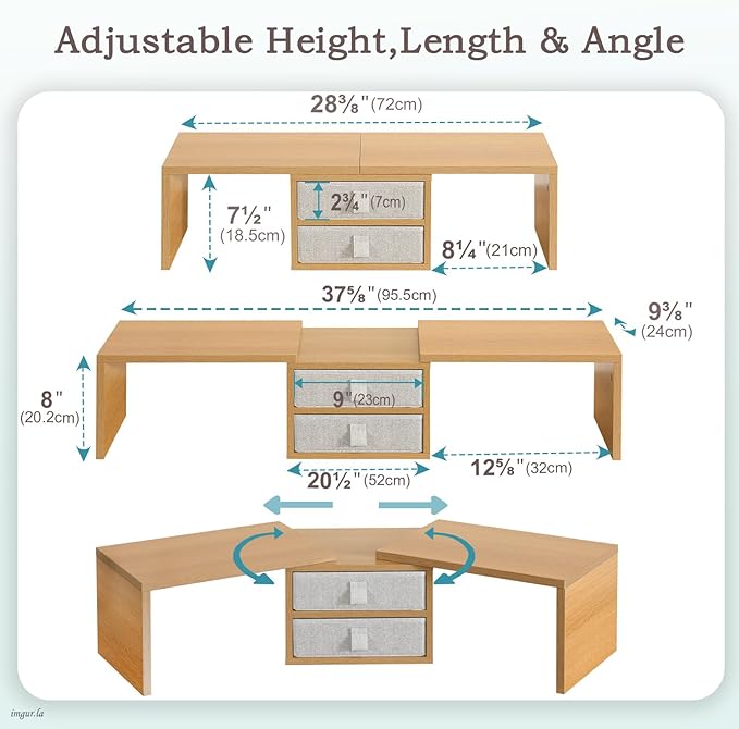 TEAMIX 42 inch Dual Monitor Stand Riser with 2 Drawers- Length and Angle Adjustable 3 Shelf Riser with Storage Desk Organizer Computer Monitor Stand for 2 Monitors/Laptop/PC,Screen/TV Stand Riser