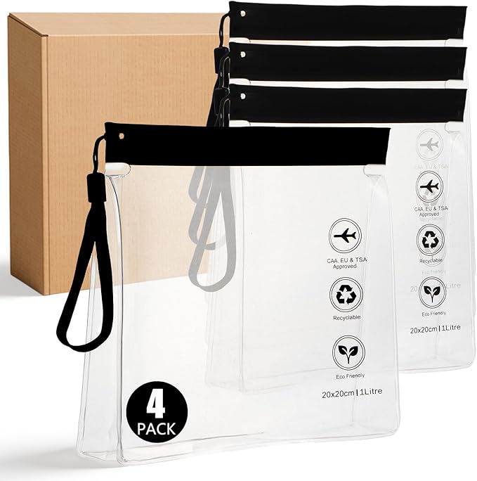 4-Pack 16 Mil Reusable TSA-Approved Toiletry Bag Tsa Quart Size Toiletry Bag with Gusseted Bottom | 1 Liter Leakproof Liquid Bag for Travel | 3-1-1 Compliant for US, UK & EU Flights (Black)