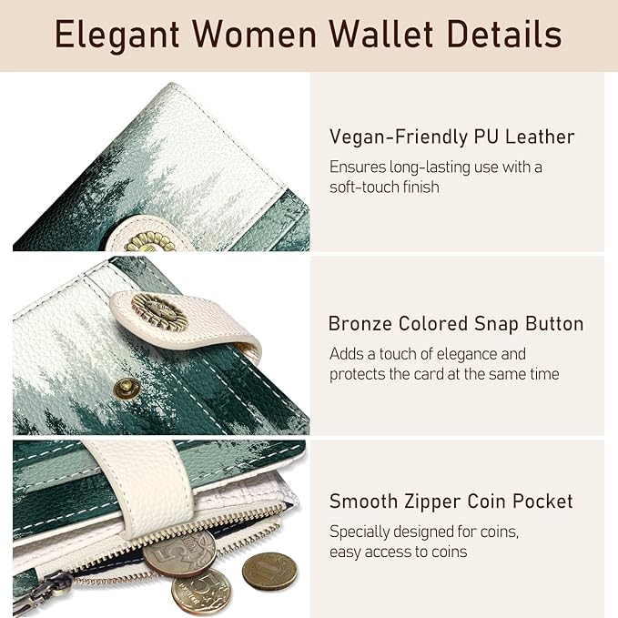 Kelvoris Forest Tree Small Rfid Women Wallet Bifold Zipper Coin Pocket PU Leather Compact Cash Credit Card Holder Travel Wallet for Female Ladies Teen Girls 1 ID Window 10 Card Slots
