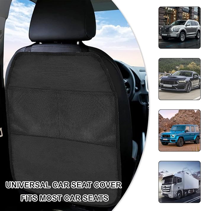 Kick Mat Back Seat Protector, Waterproof Car Backseat Protective Kick Mat with 2 Mesh Pockets, Large Vehicle Seat Back Kick Mat Organizer for Kids, Car Accessories