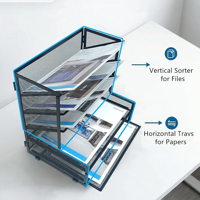 SETTFRFE Metal Desktop File Holder Organizer with 5 Tier Paper Tray, Office Supplies Desk Organizer, Black