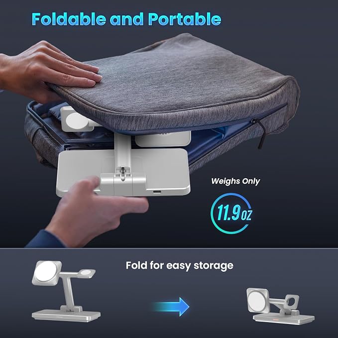 Magnetic 3 in 1 Wireless Station Foldable: JoyGeek MagSafe Charging Stand for iPhone 17 Air 16 Pro 15 Max, Apple Watch SE 2, AirPods Pro 3 (Gray)