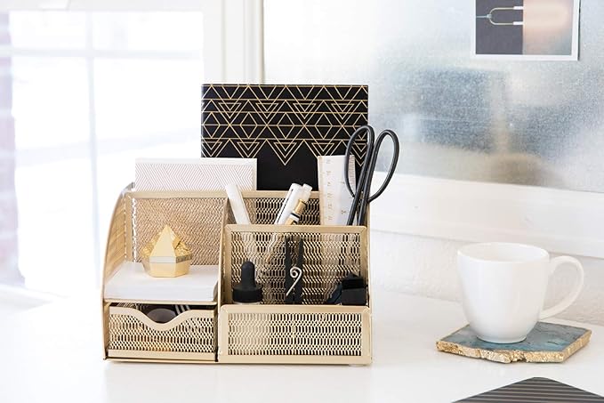 BLU MONACO | Gold Desk Organizer with Drawer | Metal Desktop Caddy with Six Compartments for Office Supplies | Stylish Desk Organizers and Accessories for Home or Office