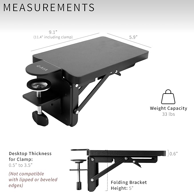 VIVO Clamp-on 6 x 9 inch (11 Including Clamps) Desk Extender, Wrist Support, Armrest Tray, Table Mount for Sit Stand Desks, Black, DESK-EXT09