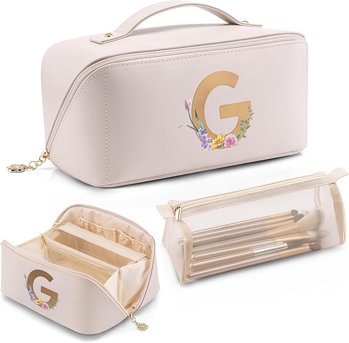 VLANDO Bridesmaid Gift,Initial Makeup Bags for Women,Cosmetic Storage Bag with Zipper for Travel Essentials Birthday Wedding for Wife(Letter G)