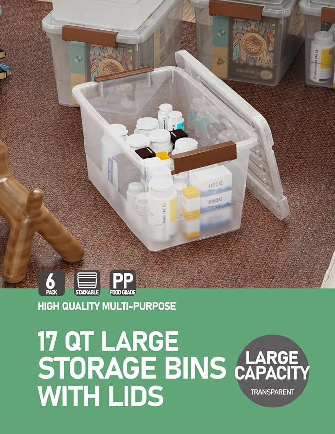 WYT 6 Pack 17qt Clear Plastic Storage Bin with Lid and Latching Buckles, Stackable Tote Organizing Box with Handle