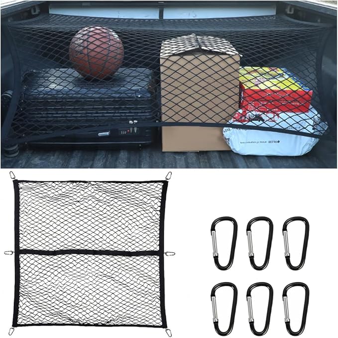 Zpana Truck Bed Cargo Net for Pickup, Highly Elastic 4'x4' Stretch to 7'x7' Stretchable Trunk Organizer Mesh with 6 PCS Carabiners, Auto Storage Accessories, Universal for Vehicles(Single Layer)