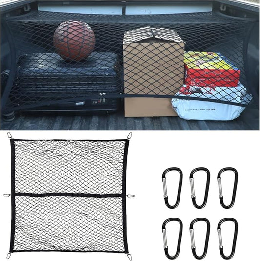 Zpana Truck Bed Cargo Net for Pickup, Highly Elastic 4'x4' Stretch to 7'x7' Stretchable Trunk Organizer Mesh with 6 PCS Carabiners, Auto Storage Accessories, Universal for Vehicles(Single Layer)