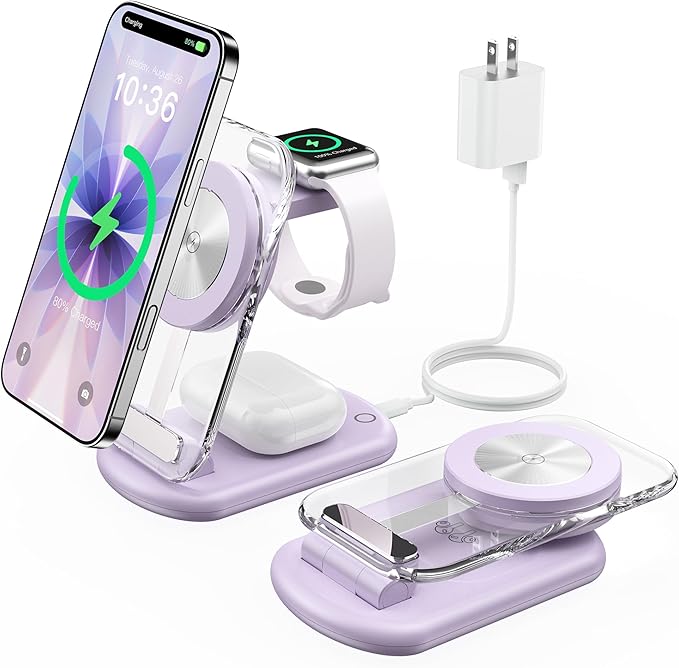 3 in 1 Magnetic Wireless Charging Station for Apple Devices, Fast Foldable Travel Mag-Safe Charger Stand with Night Light for iPhone 17 16 15 14 13 12 Series, Apple Watch/AirPods Pro, PU