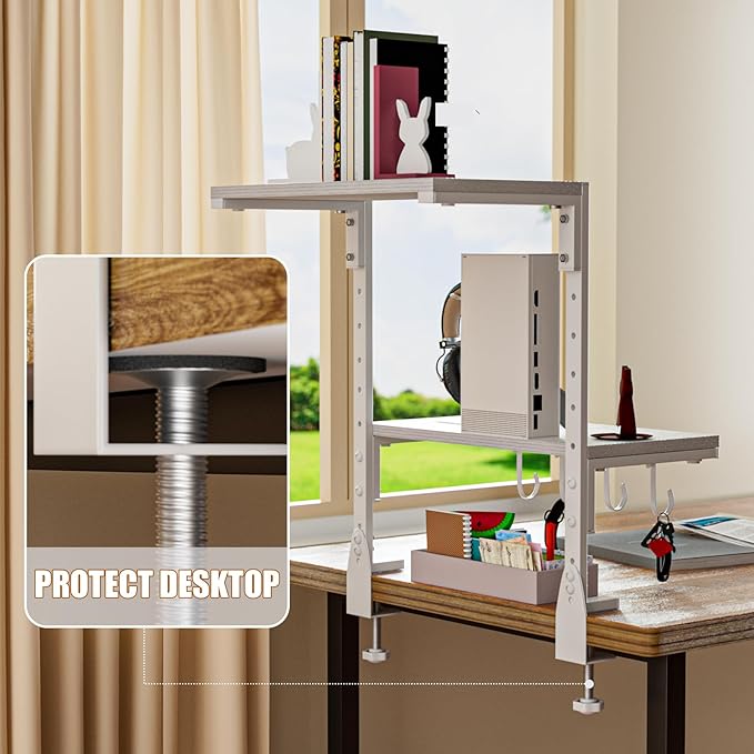 2-Tier Clamp On Desk Shelf, Clamp on Desk Shelf, 13 inch Adjustable Above or Under Wood Desk Storage Shelves, Heavy Duty Desktop Organizer for Working and Gaming Accessories, White