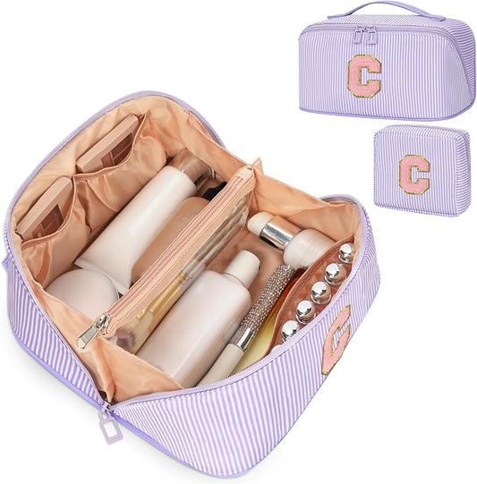2026 Graduation Gifts - Travel Makeup Bag for Women, 2Pcs Portable Personalized Initial Makeup Organizer Bag, Open Flat Large Cosmetic Bag With Travel Essential Pouch (Purple Letter C)