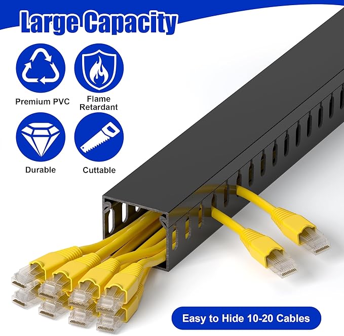 ZhiYo H1.4 W1.6in Professional Server Rack Cable Management Raceway, 66in (4X L16.5in) Cable Raceway Kit, Electrically Safe PVC Open Slot Wire Raceway for Under Desk/Computer/Network Cords, Black