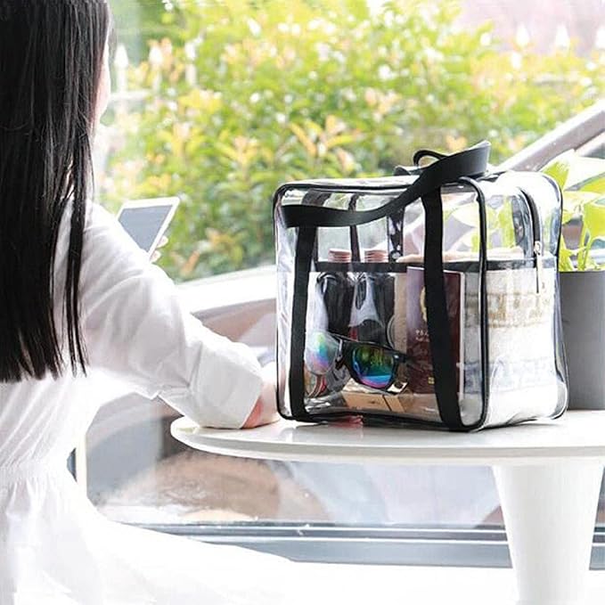 SxoSyo Clear Makeup Bags Large Travel Toiletry Bag for Women Transparent Bag with Handle Clear Cosmetic Bathroom Organizer PVC Zipper Closure Handbag Beach Bag (light blue)