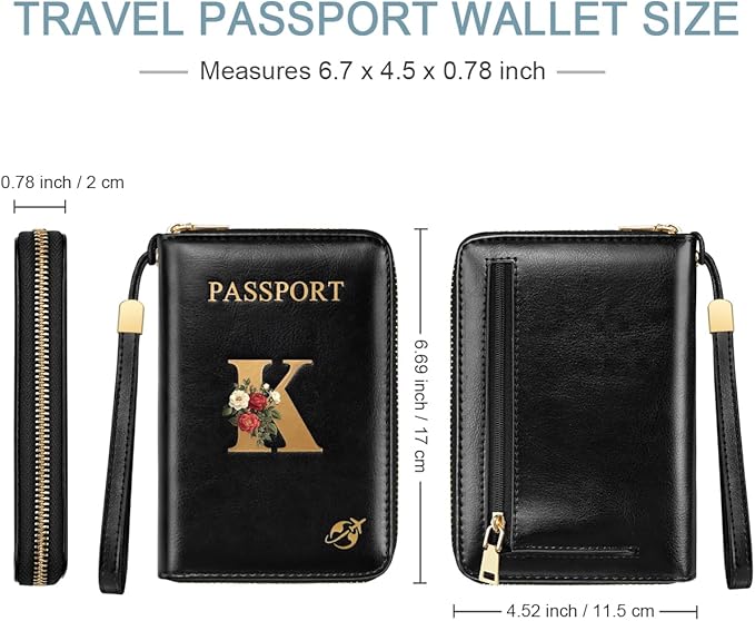 Passport Holder Cover Wallet with Zipper Personalized Initial Letter K Rose Flower RFID Blocking Travel Wallets Credit Cards Holder for Women, Gift for Wife and Girlfriend,K