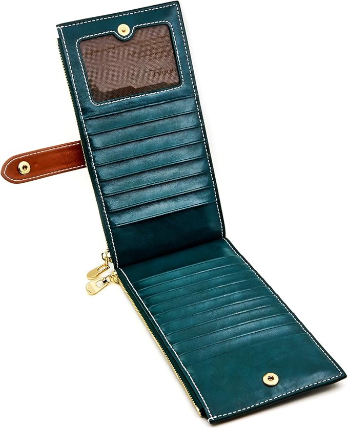 ANDOILT Women's Genuine Leather Wallet RFID Blocking Credit Card Holder Zipper Purse Cell Phone Handbag